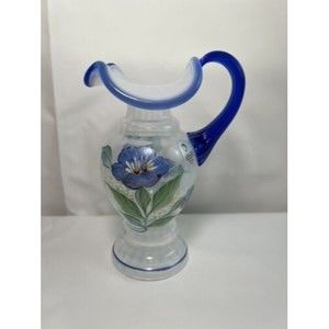 Art Glass FENTON - Hand Painted Multicolor Floral Pitcher - Signed 6 1/2" tall‎